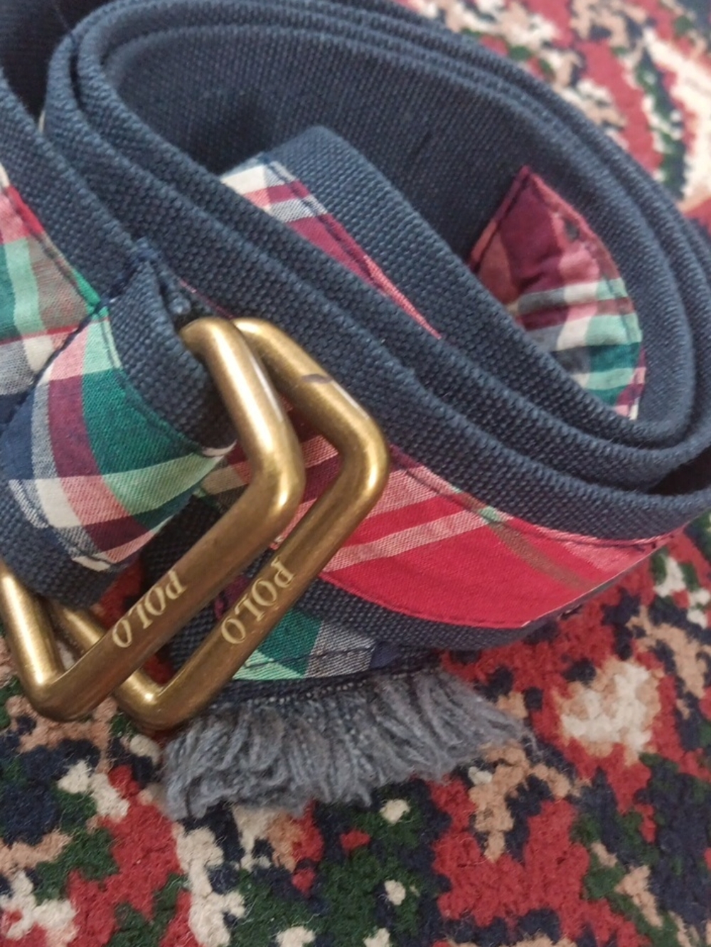 Polo by Ralph Lauren Men’s Navy Plaid Canvas Belt with Brass Buckle